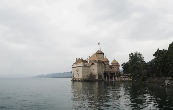 The sky, trees, construction, pond, Chillon castle on lake Geneva