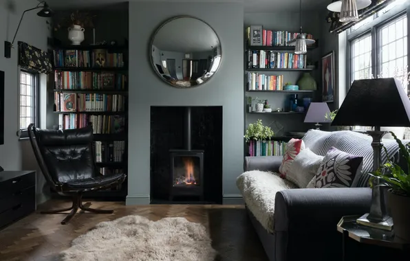 Design, style, interior, chair, fireplace, library, sofa, cozy living room