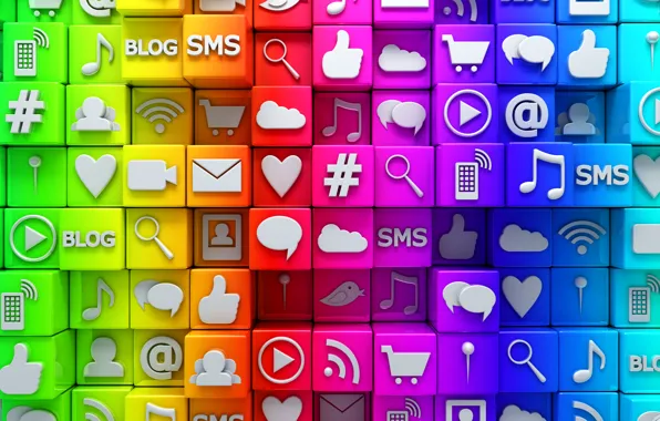 Picture cubes, network, colorful, Internet, icons, cubes, icons, social network