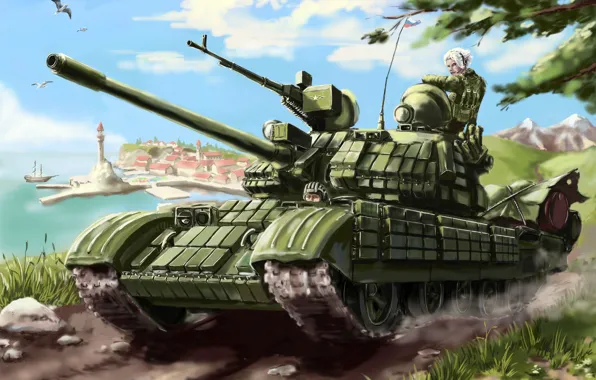 The city, flag, soldiers, tank, machine gun, Russia, T-55