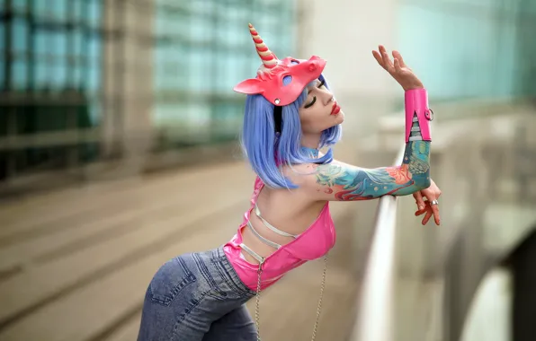 Picture girl, pose, mask, tattoo, unicorn, gesture, cosplay, bokeh