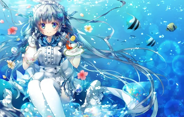 Girl, fish, flowers, bubbles, tea, anime, art, Cup