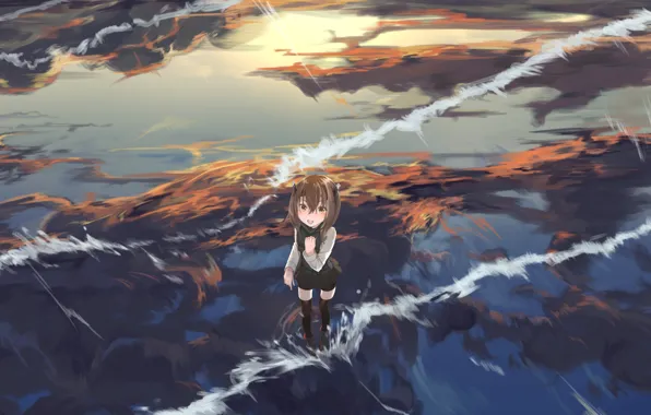 The sky, water, girl, clouds, reflection, anime, art, kantai collection