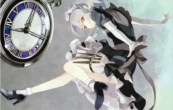 Jump, watch, shoes, dial, knives, grey background, touhou, art