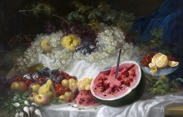 Berries, picture, watermelon, fruit, Still life, Eugenio Lucas Velázquez