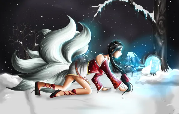 Picture girl, snow, trees, league of legends, ahri, AHRI