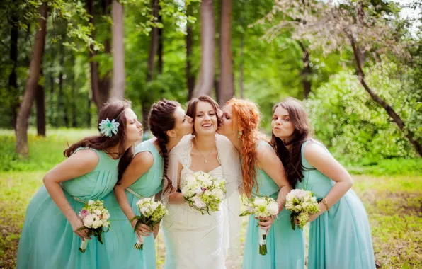 Flowers, girls, kiss, bouquet, blur, the bride, photoshoot, wedding