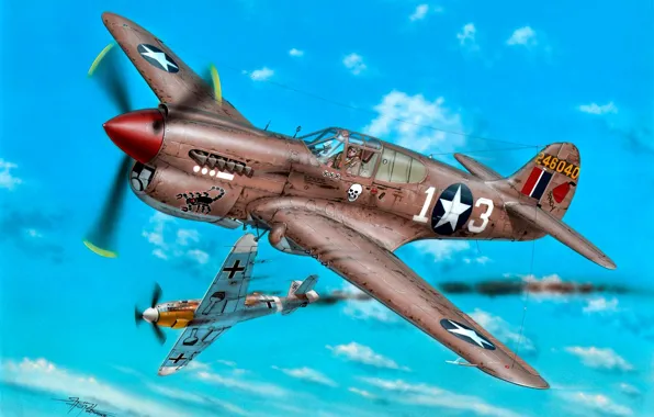 Picture fighter, Bf.109, WWII, Combat aircraft, P-40K, 57th Fighter Group, 64th Fighter Squadron, Lt R.Johnson