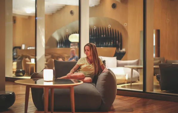 Girl, light, stay, feet, hair, lamp, bar, restaurant