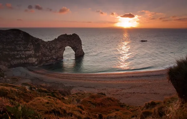 Sea, landscape, sunset, rocks, England, West Lulworth
