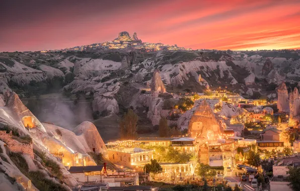 The sky, clouds, light, sunset, mountains, rocks, the slopes, building