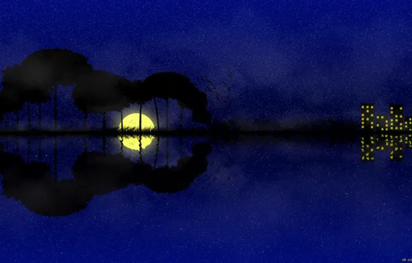 Night, nature, surrealism, guitar, The moon, interesting