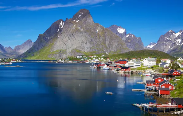 Sea, mountains, coast, Norway, town, The Lofoten Islands, The Norwegian sea, Lofoten