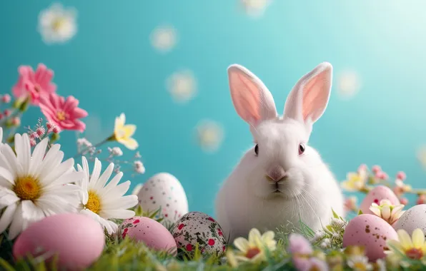 White, flowers, holiday, hare, chamomile, eggs, bouquet, spring