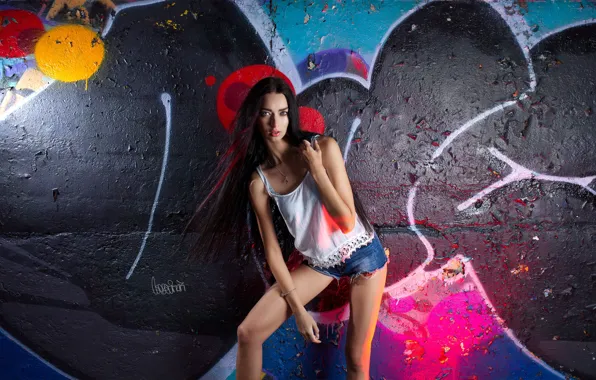 Picture girl, pose, wall, graffiti, shorts, long hair, Sergey Pak