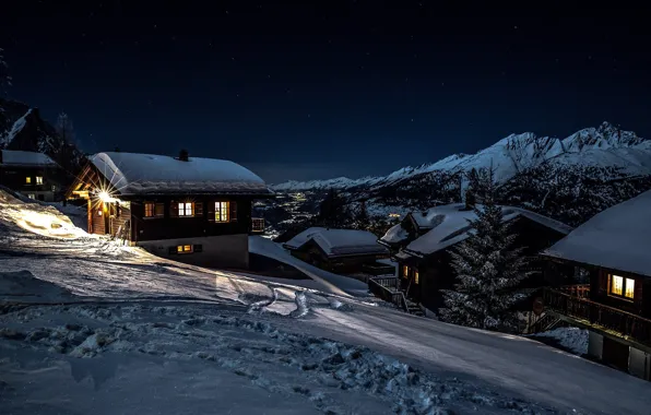 Picture winter, snow, landscape, mountains, night, nature, village, home