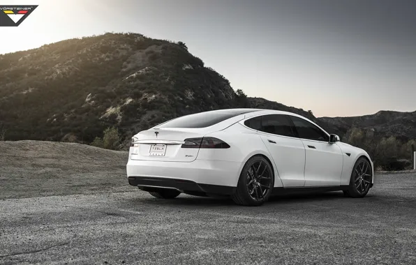 Sunset, mountains, Tesla, model S