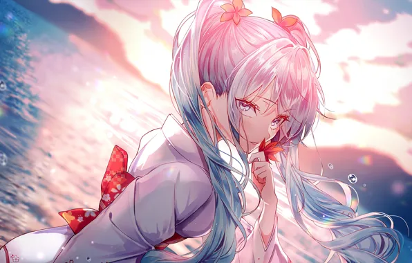 Sea, drops, horizon, kimono, vocaloid, Hatsune Miku, maple leaf, Vocaloid