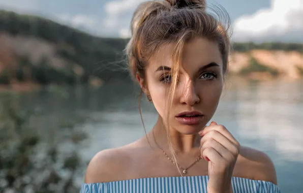 Look, the sun, landscape, river, model, hand, portrait, makeup