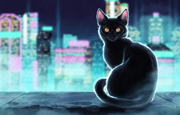 Black, Figure, The city, Neon, Cat, Rain, Art, Illustration