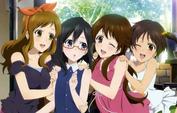 Picture joy, girls, anime, art, glasses, bow, nagamiya sachi, glass slip
