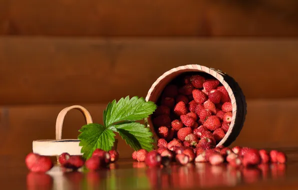Leaves, berries, basket, strawberries