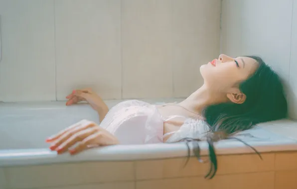 Beautiful, Asian, Model, Water, Woman, Tub, Pretty, Close Up