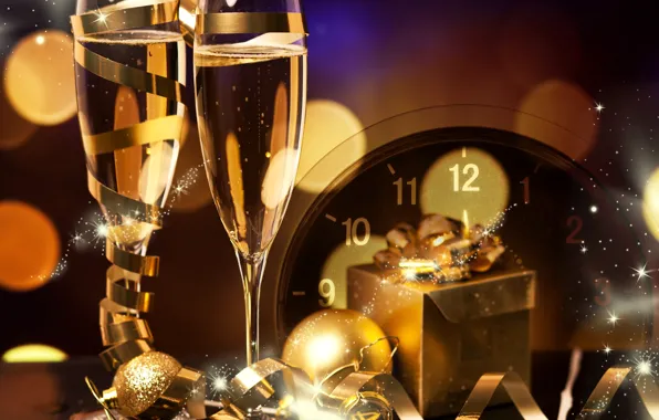 Picture balls, watch, glass, new year, champagne, bokeh, New Year, gift