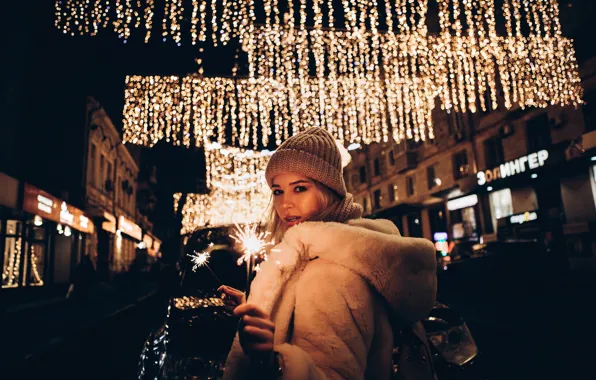 Auto, look, girl, night, street, coat, bokeh, sparklers