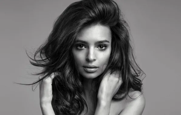 Picture look, girl, face, photo, hair, black and white, Emily Ratajkowski