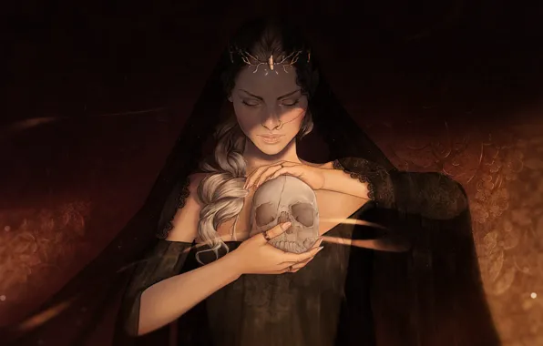Girl, Skull, Face, Girl, Hands, Art, Art, Sake