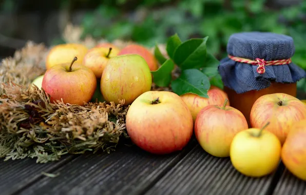 Leaves, yellow, apples, Board, Bank, fruit, bokeh, jam