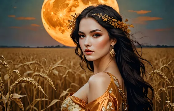 Field, look, girl, face, pose, the moon, portrait, brunette