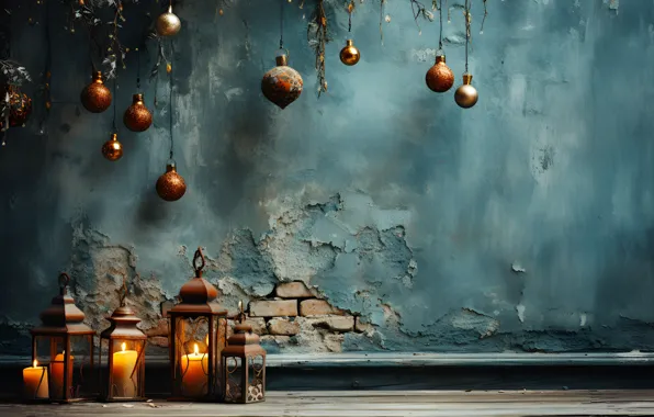 Balls, cracked, wall, Board, candles, Christmas, lights, New year