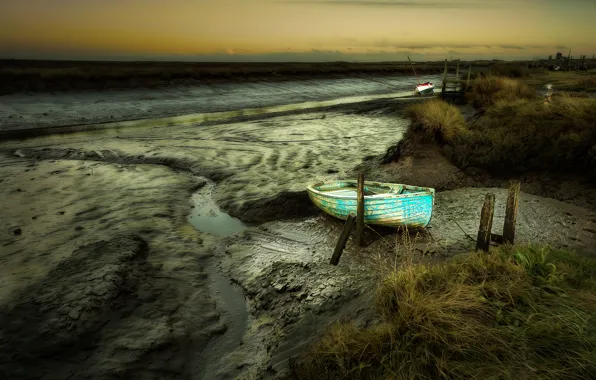 Grass, overcast, shore, vegetation, boat, boats, the evening, dirt