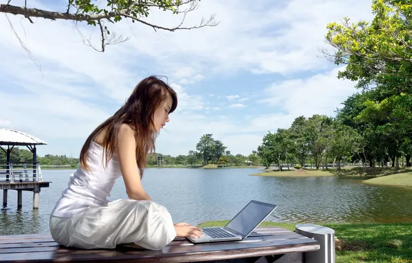 The sun, trees, landscape, pose, pond, Park, model, skirt