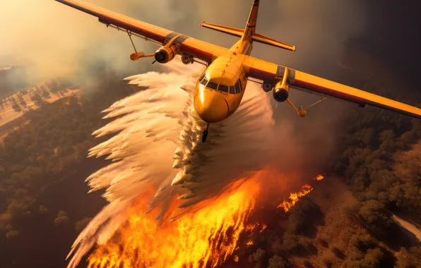 The plane, Trees, Smoke, Fire, Fire, Digital art, Water discharge, Fire plane