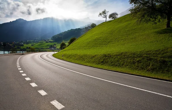 Picture road, forest, the sky, clouds, trees, landscape, mountains, nature