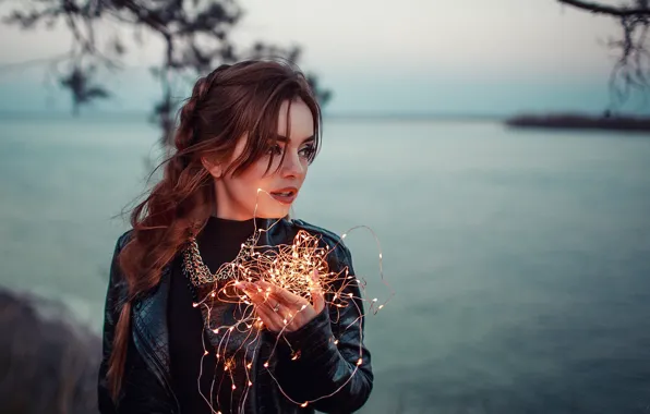 Look, girl, face, river, model, jacket, garland, Anastasia