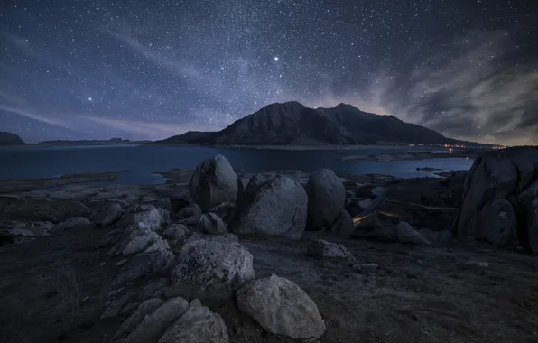 Road, sea, lights, rocks, village, The Milky Way, island