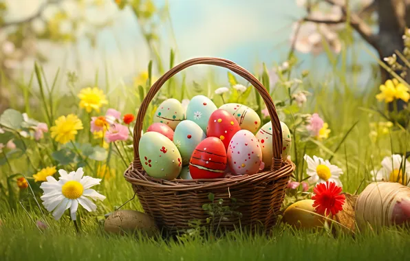 Flowers, eggs, spring, colorful, Easter, happy, flowers, spring