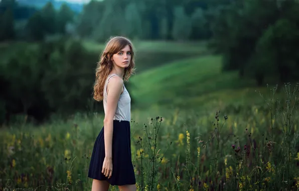 Eyes, look, girl, flowers, nature, skirt, blue, the beauty