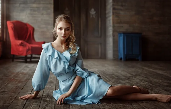 Look, girl, model, blonde, beautiful, sitting on the floor, George Chernyadev, Alisa Tarasenko