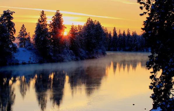 Picture winter, the sky, the sun, snow, trees, sunset, river, Bank