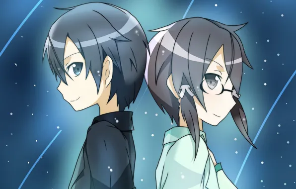 Anime, art, Background, Two, Sword Art Online, Kirito, Sinon, Starry sky