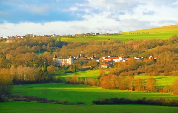 Autumn, castle, field, home, colors, village, Autumn, fields