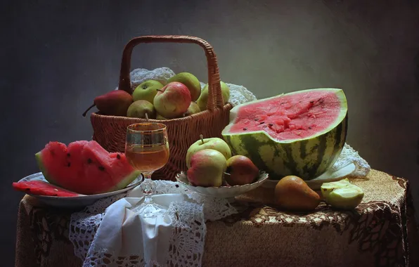 Basket, apples, glass, watermelon, still life, pear