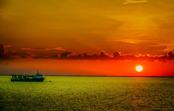 Picture wave, the sky, the sun, clouds, sunset, river, ship, the evening