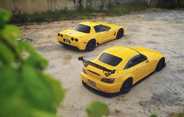 Picture Corvette, Chevrolet, Honda, Car, S2000, Yellow, Rear, Canibeat