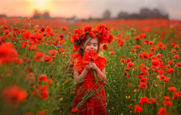 Summer, flowers, Maki, child, bouquet, girl, red, red dress